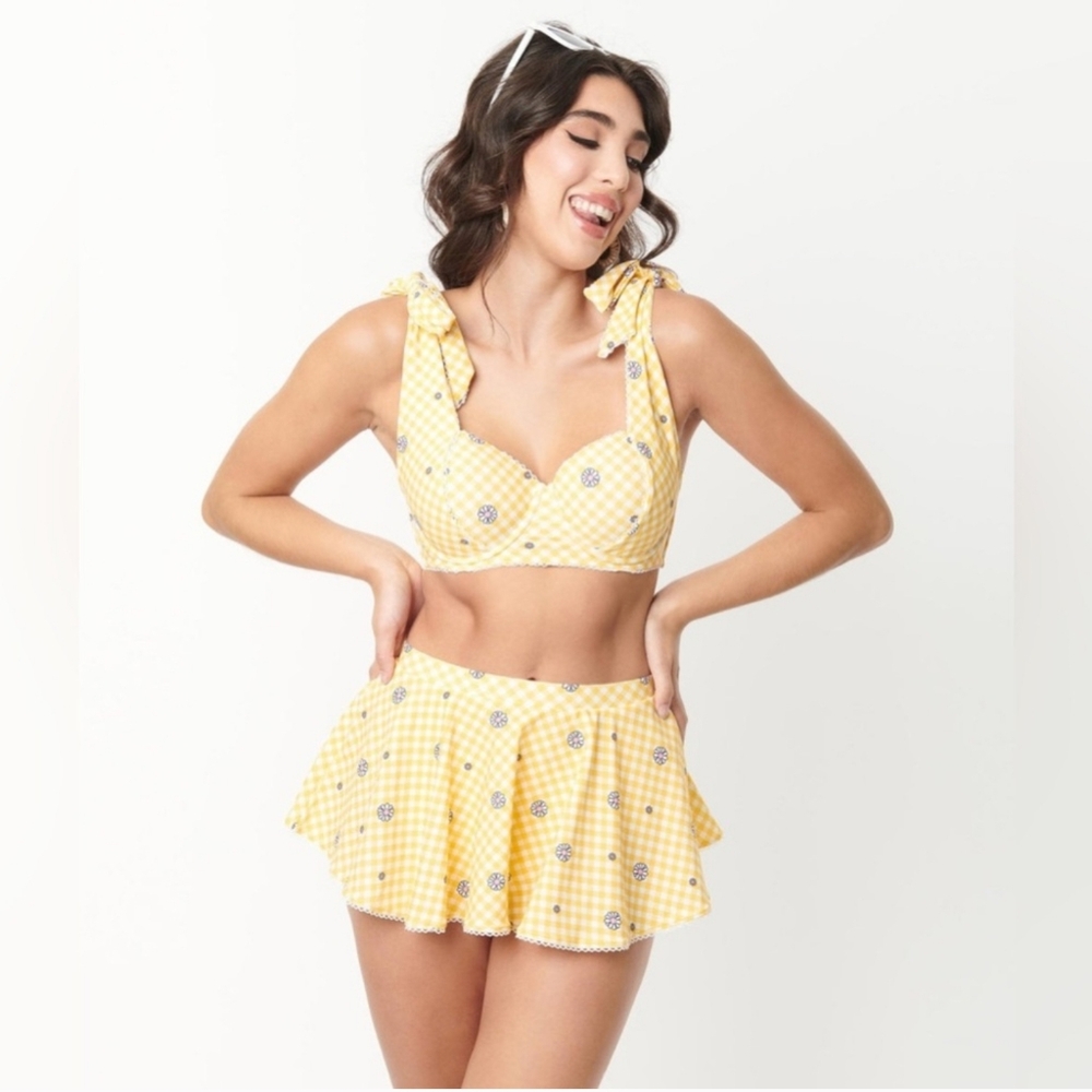 Unique Vintage Yellow Checkered Swimsuit Set